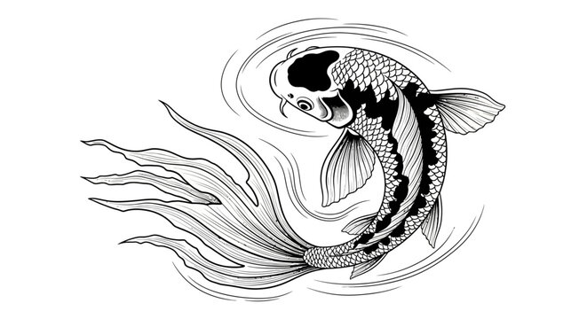 Black and White Koi Fish Swimming in Rippling Water, Traditional Japanese Tattoo Style