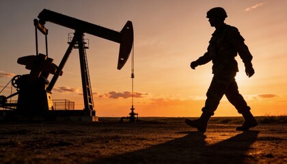 Oil Rig Silhouette: A worker walks past an oil rig under the stunning light of sunset