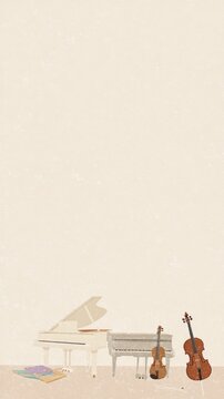 Daily digital wallpaper, flat illustration with grainy texture, classical music instruments, piano and violin, artistic composition, pastel color palette, soft shadows, mockup on an iPhone screen, ple