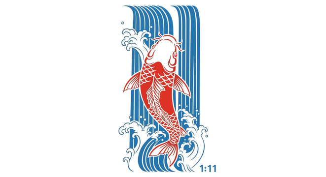 Japanese Koi Fish Jumping Through Waterfall Waves, Red and White Carp Illustration