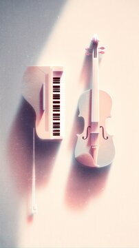 Daily digital wallpaper, flat illustration with grainy texture, classical music instruments, piano and violin, artistic composition, pastel color palette, soft shadows, mockup on an iPhone screen, ple