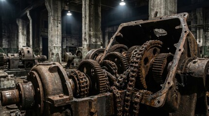 Intricate Rusted Metal Gears and Chains in an Abandoned Industrial Factory