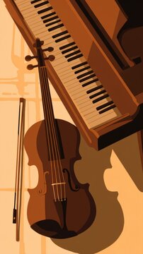 Daily digital wallpaper, flat illustration with grainy texture, classical music instruments, piano and violin, artistic composition, pastel color palette, soft shadows, mockup on an iPhone screen, ple