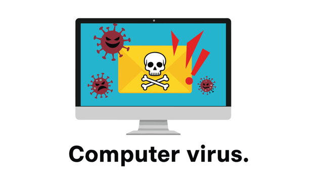 Illustration of a computer monitor displaying an email infected with a skull and bones virus icon and malicious bugs.