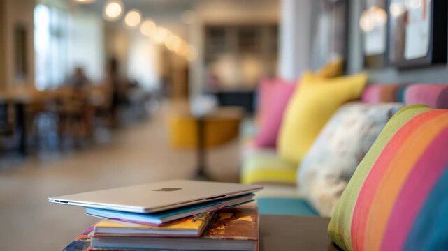 Cozy student lounge booth in focus with laptop and books medium shot emphasizes comfort and study engagement as rest of room fades into soft blur.