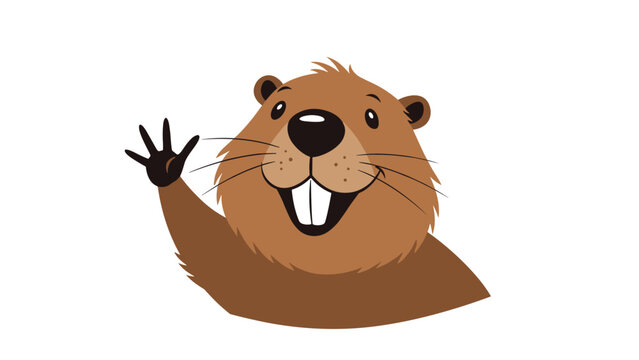 Cheerful cartoon beaver head waving its paw and smiling with large front teeth isolated on a plain white background.