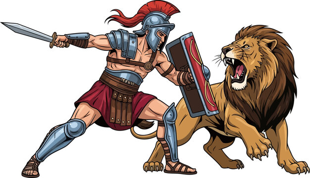 Arena combatant with a rectangular shield facing a roaring lion