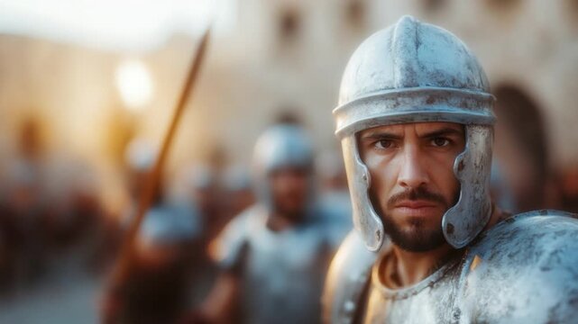 Ancient Warrior's Gaze: A stoic Roman legionary, clad in gleaming armor and bearing a watchful gaze, stands ready amidst his comrades, capturing the essence of historical valor and martial prowess.
