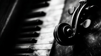 Elegant arrangement of classical instruments, cinematic wide shot of a grand piano with a violin placed delicately on its lid, dramatic rim lighting casting long shadows, haze in the air, opulent vint
