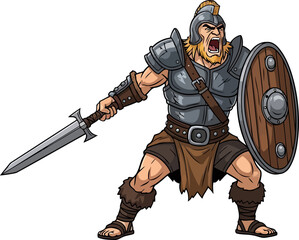 Obraz premium Enraged tribal fighter screaming while holding a sword and wooden shield