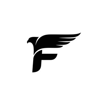 Abstract illustration of an eagle incorporated into the letter f in black and white