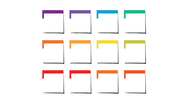 Set of twelve colorful square frame icons with thick top bars in a rainbow of hues provides a versatile design template for UI and web elements.
