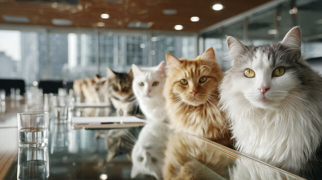Group of cats sitting at conference table in modern office &mdash; concept of business meeting, teamwork and humorous corporate metaphor.