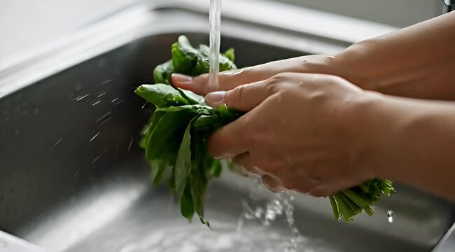 Washing vegetables in kitchen
