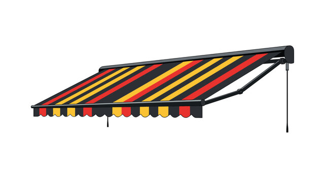 Retractable striped awning with black, red, and yellow colors is shown from a side perspective against a clean white background.