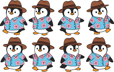 Cute penguin cartoon character mascot set wearing a brown fedora hat and blue floral aloha shirt for summer vacation design. © Sreemoti