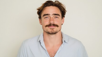 Obraz premium Portrait of a Confident Young Man with Facial Hair and Casual Attire Smiling Against White Background