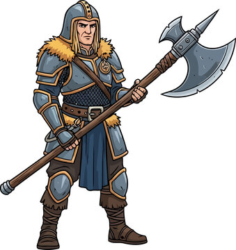 Mercenary soldier holding poleaxe with fur-lined armor