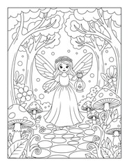 Obraz premium Fairy coloring page with lantern in enchanted forest scene