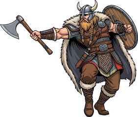 Fototapeta premium Norse chieftain charging with an axe and wooden shield wearing a fur cape