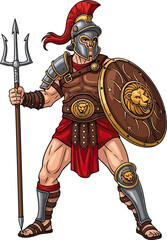 Fototapeta premium Roman gladiator holding trident and lion emblem shield