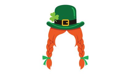 Obraz premium Traditional leprechaun hat in green with a gold buckle and red braided hair for St Patricks Day celebrations and irish cultural festival.