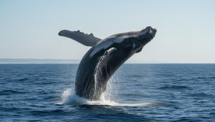 Obraz premium Majestic Humpback Whale Leaping Dramatically From Ocean Surface Under Bright Blue Sky