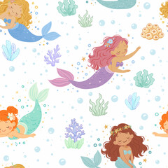 Obraz premium Seamless pattern with cute cartoon mermaids, children's vector pattern in flat style.
