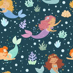 Seamless pattern with cute cartoon mermaids, children's vector pattern in flat style.