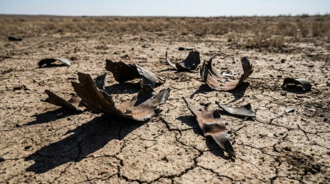 Twisted metal shrapnel fragments scattered across a dry, cracked desert landscape, remnants of conflict.