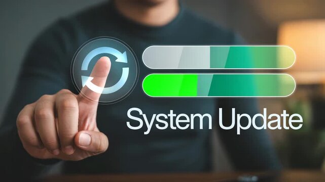 System Upgrade Process: A person's hand interacts with a digital interface, initiating a system update, as an indication of technical progress and enhancement