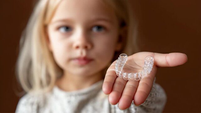 Smiling child showcasing clear dental aligners on outstretched hand