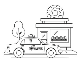  Police car coloring page parked outside donut shop © Crafter