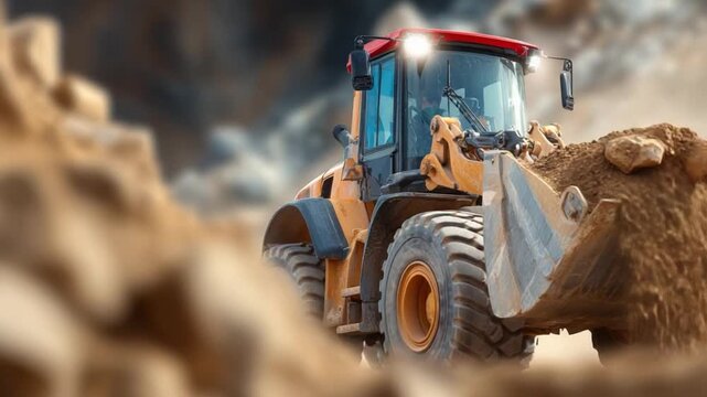 Construction Loader in Action: A robust construction loader expertly maneuvers a mound of earth, showcasing its power and efficiency on a construction site.
