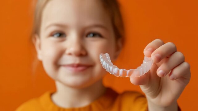Child joyfully displaying dental retainer against bright orange background
