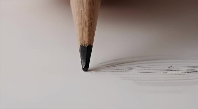 Closeup of a sharpened pencil sketching on a white surface, creating lines