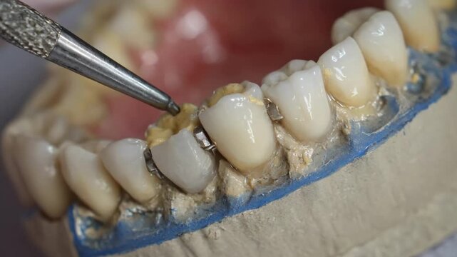 Crafting partial denture teeth alignment in wax on a baseplate medium shot showing the meticulous positioning of acrylic teeth.