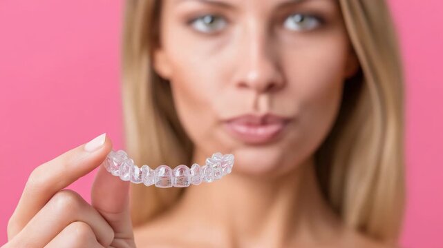 Woman demonstrating clear dental aligners with smile transformation on pink background