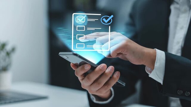 Digital Checklist in Hand: Focused individual interacts with a digital checklist interface on a sleek mobile phone, emphasizing the efficient management and control