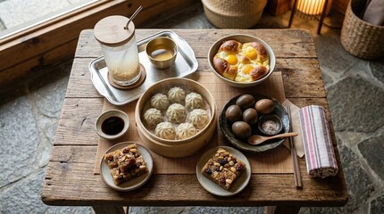 Fototapeta premium A variety of Korean snacks featuring steamed dumplings, egg bread, sweet rice with nuts (yaksik), roasted eggs, and sikhye rice drink on a rustic wooden table.