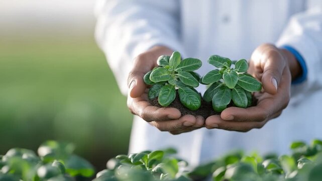 Nurturing New Life: A scientist tenderly cradles two thriving saplings, embodying the delicate balance between hands-on care and scientific discovery.