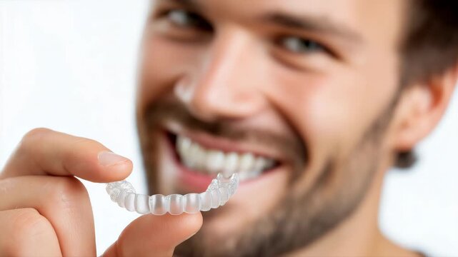Smiling man demonstrating clear dental aligners for orthodontic care
