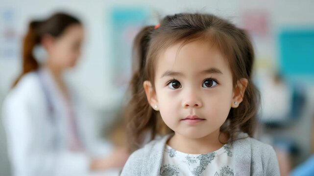 Curious child observing medical checkup with female doctor in background