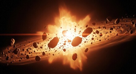 Fototapeta premium Space debris explosion with rocky shards radiating from a bright, central point