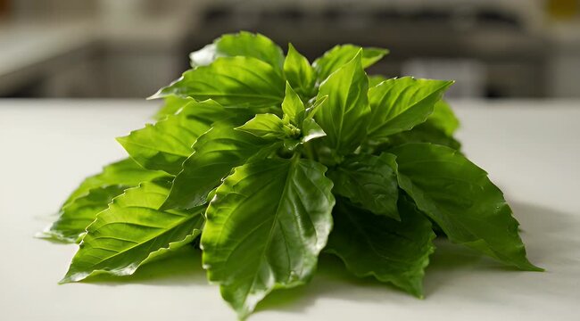 Fresh aromatic basil leaves stacked together on white countertop near the stove