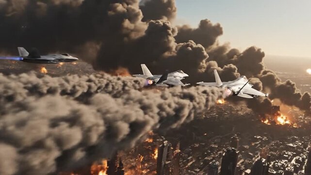 Military Aircraft in Combat Mission Over City.