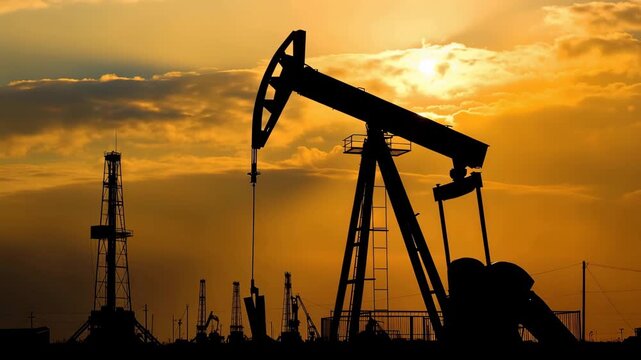 Silhouette of Industry: A mesmerizing silhouette captures the essence of oil extraction at sunset. An oil pump jack stands tall against a vibrant orange and yellow sky, representing industry, energy.