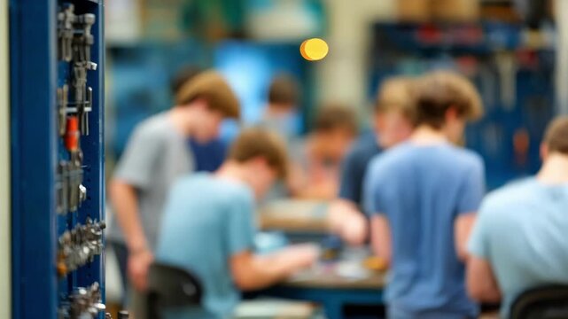 Closeup medium shot on wallmounted tool rack with tools hanging neatly while background shows blurred students collaborating in makerspace.
