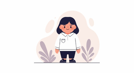 A cheerful, cartoon-style child with dark hair and rosy cheeks stands in a simple outfit