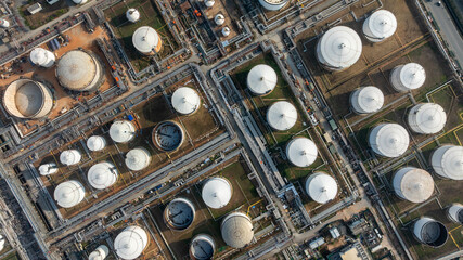 Aerial view industrial storage tank farm for oil and gas or chemical, Global fuel supply oil and gas, Industrial oil and gas storage tank farm facility energy reserves infrastructure fuel supply chain